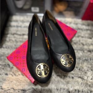 Tory Burch Black Leather Flats with Gold Accents